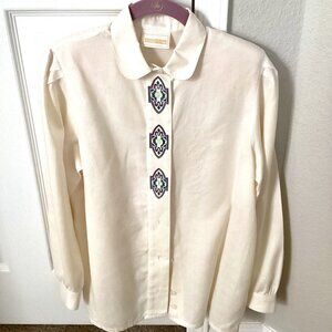 Retro Vintage Cream Blouse with Southwest Embroidered Motif, Long Sleeve